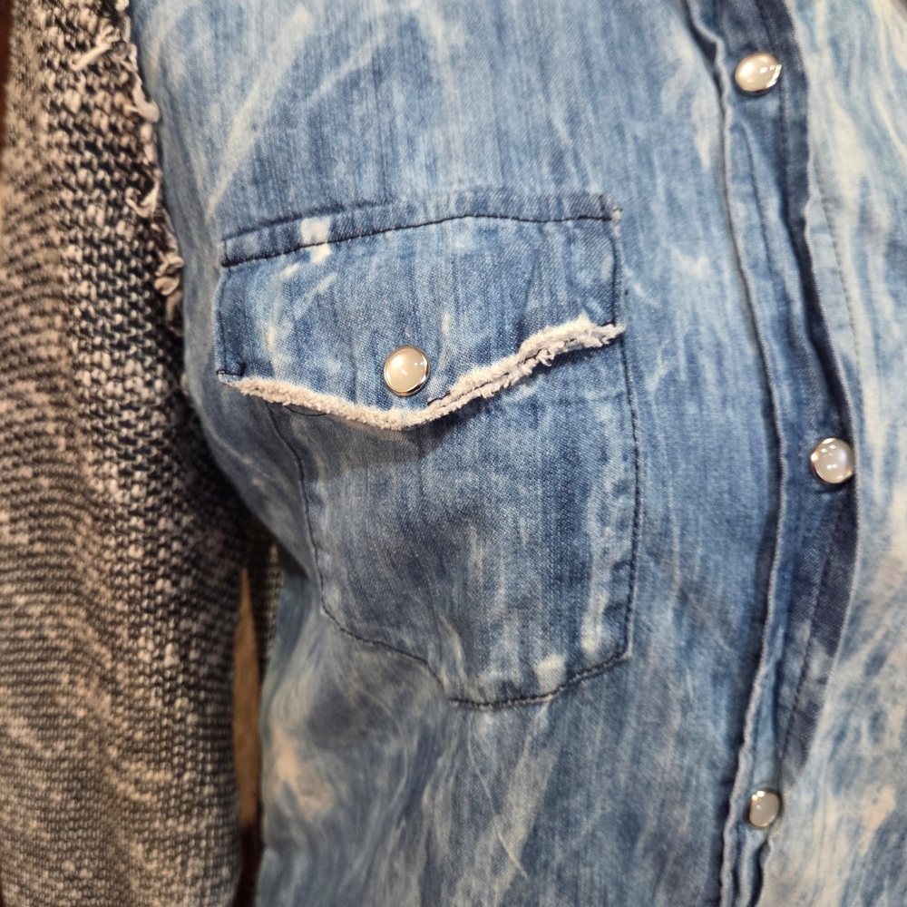 Denim and Knit Button-Up Shirt - Picture 2 of 10
